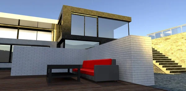 Red Sofa Black Table Wooden Deck Yard Modern House White — Fotografia de Stock