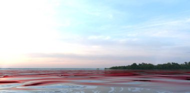 Water. A red sunset is reflected on the surface of a suburban lake. A green forest is visible in the distance. 3d render..