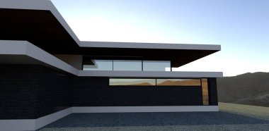 Lüks bir ev. Siyah tuğla duvarlar. Gri kaldırım taşı. Mavi güneşli gökyüzü. 3d hazırlayıcı.