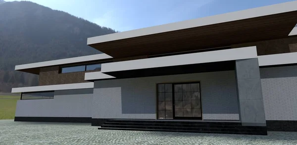 Luxurious house on a mountain meadow. Finishing white and red brick. Flat roof and molding along the facade. 3d render.