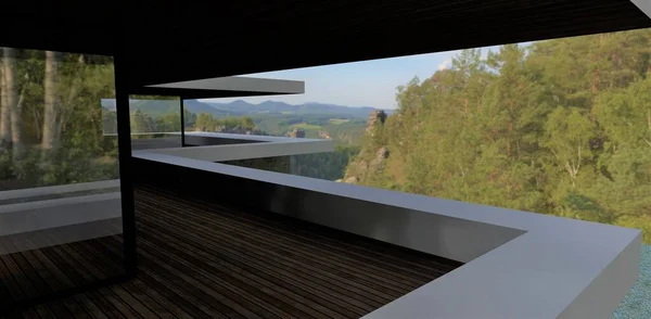 Luxurious villa in a wooded canyon. Terrace along the whole house. Large reflective windows. Terrace board flooring. 3d render.