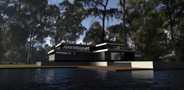 Kutsal Orman. Ağaçların gölgesinde kocaman bir havuzu olan lüks bir villa. Teras tahtası döşemesi. 3d hazırlayıcı.