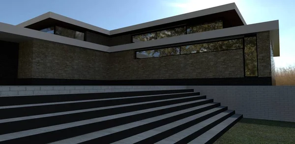 Luxurious House Fog Foot Blue Sky Stairs Descend Lawn Finishing — Fotografia de Stock