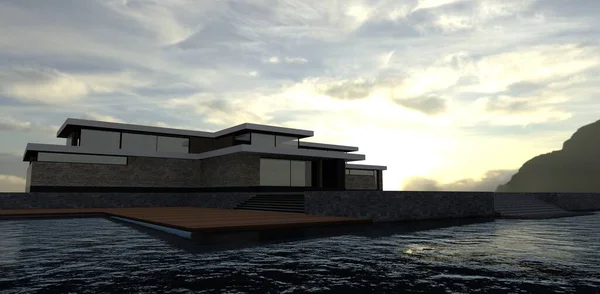 Luxurious Modern House Mountains Setting Sun Fog Waves Large Pool — Stockfoto