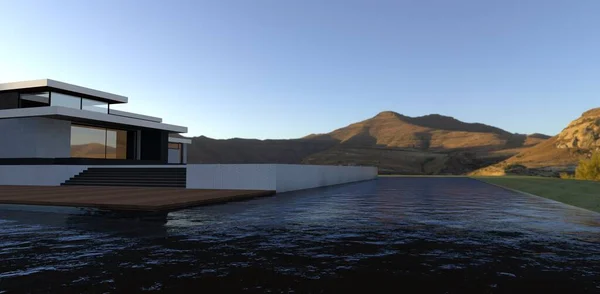 The concept of a luxury high-tech villa. Terrace board flooring. Large swimming pool. Mountains in the background. 3d render.
