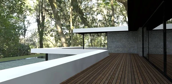Wooden Terrace Luxury Advanced House Tropical Forest Wall Cladding Slate — Foto de Stock