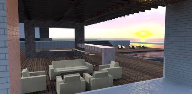 Lüks çağdaş veranda. Peri masalı şafağı beyaz tuğlaya yansıyor. Bej derili koltuklar. Bar tezgahı. 3d hazırlayıcı.