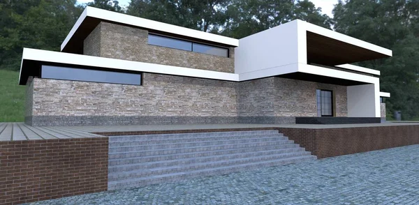 Luxurious modern house in a hilly forest. Entrance to the building. Wide staircase. Finishing of a facade multi-colored slate. 3d render..