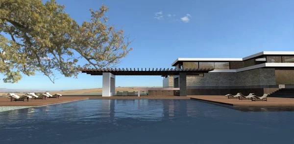Autumn Luxury Advanced Villa Large Pool Decking Spacious Modern Patio — Stock Photo, Image