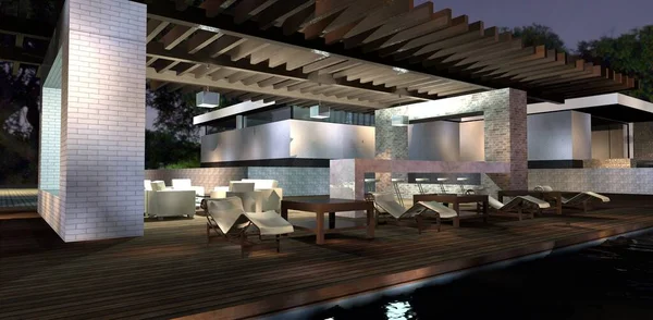 Cozy patio at night. Beige furniture, bar counter and wooden flooring. Evening lights. 3d render.