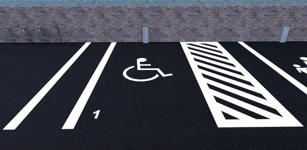 Road marking. Place for the disabled in the car parking. Rubber bumper. Luminescent white paint. 3d render.