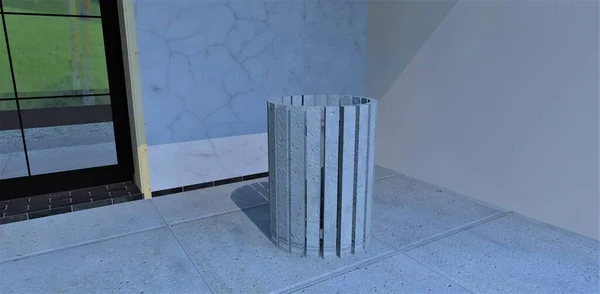 A cylindrical waste bin on a concrete porch against a white marble wall. 3d render.