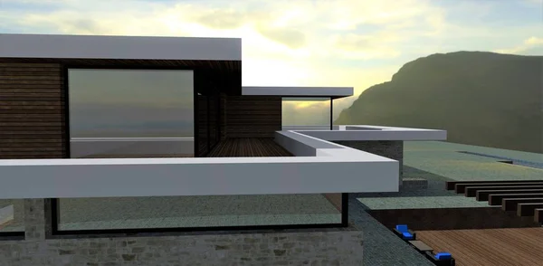 Courtyard and terrace of a modern country house against the backdrop of a sunset before a thunderstorm. 3d render.