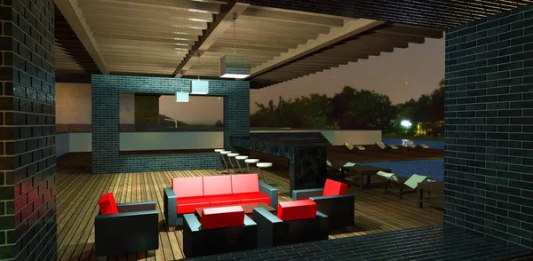 Patio in the evening. Red armchairs and sofa. Black marble bar. Terraced board. Night light.