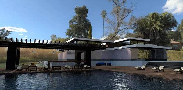 Swimming Pool Luxury Villa Sunbeds Patio Marble Bar Cozy Patil — Stockfoto