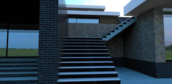 Staircase of an advanced country house. Concrete stairs. Exclusive design. Red and black brick finish. Reflective glasses. 3d render.