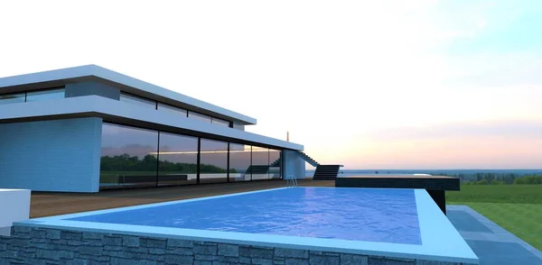 Swimming Pool Roof Luxury Home Blue Water Reflects Sunset Terrace — стоковое фото