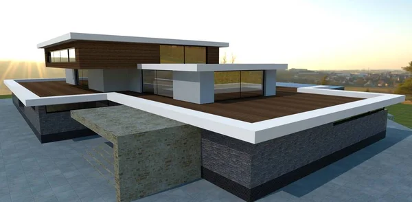 Concept Luxurious Three Level Villa Spacious Wooden Deck Concrete Pavement — Fotografia de Stock