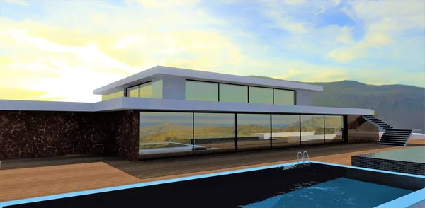 Swimming Pool Roof Modern Country House Large Mirrored Windows Terrace — Zdjęcie stockowe