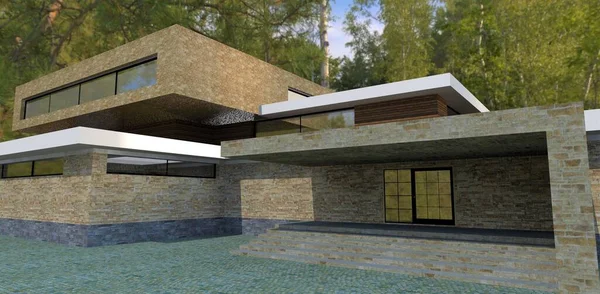 Futuristic Design Advanced Country House Finishing Different Types Natural Stone — Zdjęcie stockowe
