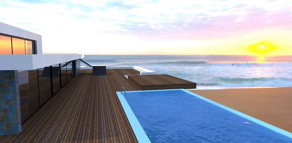 Wonderful Wooden Terrace Swimming Pool Roof Advanced Multi Level Oceanfront — Foto de Stock