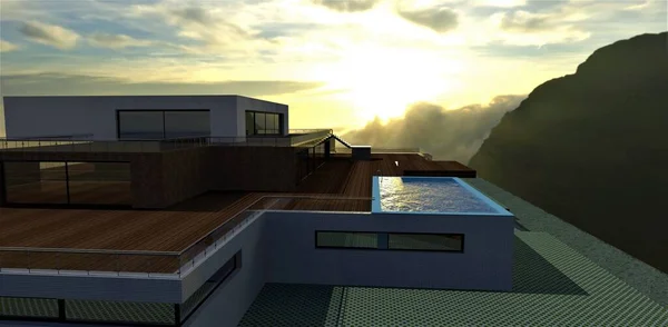 Luxurious Modern Estate High Mountains Spacious Terrace Overlooking Canyon Dawn — Stock Photo, Image