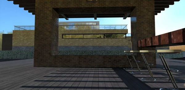 Patio Luxury Modern Home Concrete Support Tiled Old Brick Terrace — Fotografia de Stock