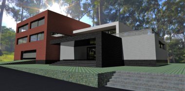 Front entrance to an advanced suburban office building in a tropical park. Porch trim black brick. The sun shines through tall trees. 3d render.