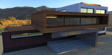 Modern technological house high in the mountains. 3d render. Finishing the porch is old gray slate. Concrete stairs. Square block.
