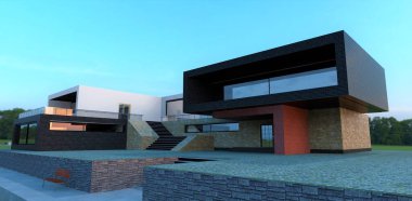 Futuristic architecture. The concept of a spacious technological house. Wide staircase, large mirrored windows. Finishing with modern eco-friendly materials. 3d render.