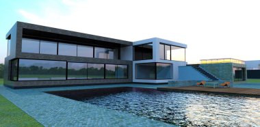 Quiet evening in a cozy villa. Decking decking and deck chairs near the pool. Lnstnitsa upstairs to a spacious fenced terrace. 3d render.