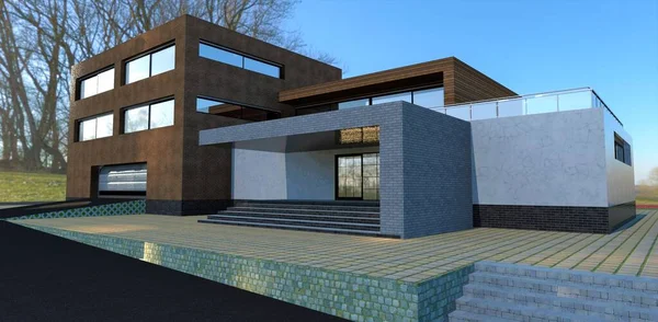 Modern Three Story House Asphalt Entrance Garage Concrete Stairs Multi — Photo