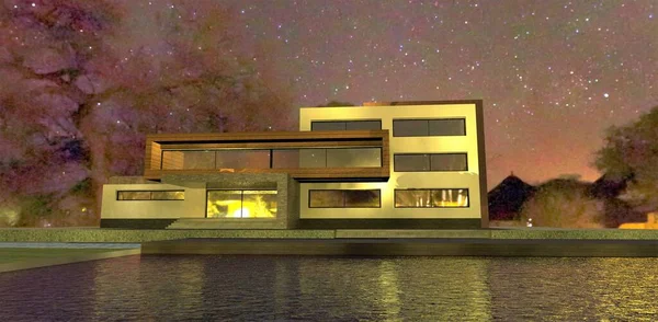 Wonderful Magical Night Modern Three Story Advanced House Lake Wonderful — Photo