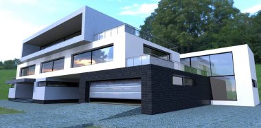 Car entrance to the garage of a modern advanced house. Aluminum electric lifting gates. Paving stone from natural cobblestone. 3d render.