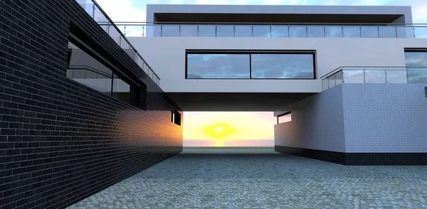Чудесный Восход Солнца Виден Через Проход Современного Технологического Здания Мощеные — стоковое фото