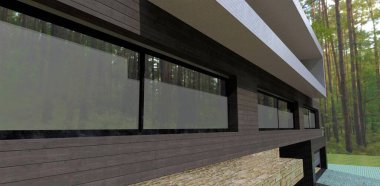 Exterior of a country house finished with a dark facade board. The dense dense forest is reflected in the mirrored windows. 3d render.