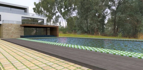 Amazing Country Villa Large Swimming Pool Surrounded Drainage Pavers Dark —  Fotos de Stock