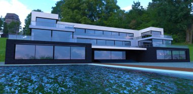 Waves in the pool in the courtyard of a luxurious three-story villa. Spacious enclosed terraces. Glass and steel. 3d render.
