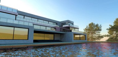 Facade cladding in white and pink marble. The exterior of the modern estate looks beautiful and rich. Excess glass fills the overall design of the designer with meaning. 3d render.