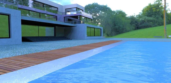 Pool with blue water near the new villa. Bordering white marble. Terrace board. Paving stones natural cobblestone. 3d render.