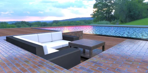 Wonderful little patio near the pool in a country villa. Wonderful view of the forest clearing. Black and white sofa and table. Around the brick fence. Terrace board. 3d render.