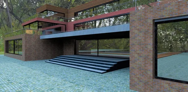 Advanced Modern House Dense Forest Finishing Facade Old Red Brick — Zdjęcie stockowe