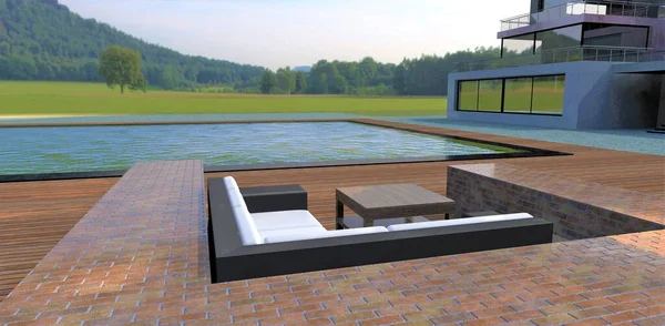 A modest cozy patio near the pool in a country villa. Wonderful view of the forest clearing. Sofa and table. Around the brick fence. Wooden flooring. 3d render.