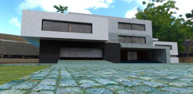 Paving stones made of natural granite in front of a new house. Entrance to the garage. Lifting metal gates. The facade is finished in black and white brick. 3d render.