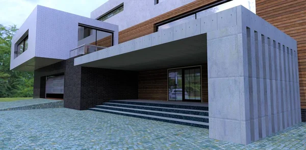 Modern Porch Design Advanced Expensive House Concrete Decorative Structures Stone —  Fotos de Stock