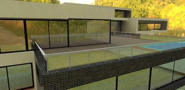 Terrace Fence Made Glass Steel Finishing Building White Black Brick —  Fotos de Stock