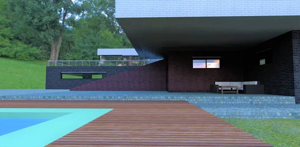 Wooden Flooring Deck Board Pool Territory Wonderful Modern House Paths — Stok Foto