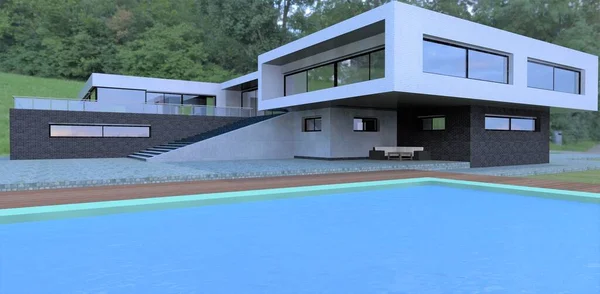 Blue Water Pool Luxurious Modern Home Finishing Black White Brick — Fotografia de Stock