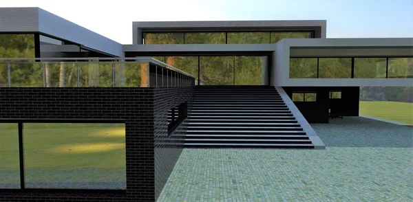 Conceptual Design Futuristic Villa Stone Blocks Natural Granite Concrete Wide — Photo