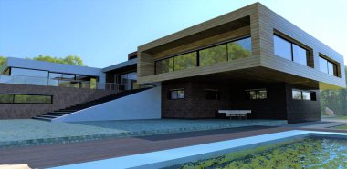 Courtyard of a modern country house. Wall decoration facade board and brick tiles. Cobblestone paths and decking around the pool. Staircase to the terrace. 3d render.